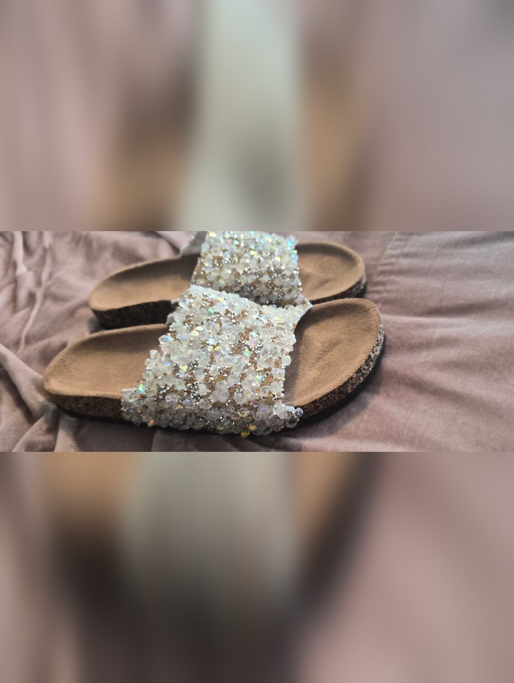 Crystal Beaded Slide Sandals - Iridescent White & Gold